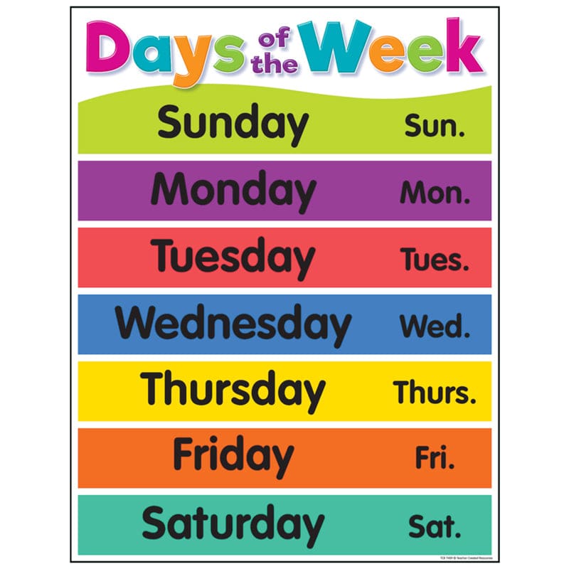 Colorful Days Of The Week Chart (Pack of 12) - Classroom Theme - Teacher Created Resources