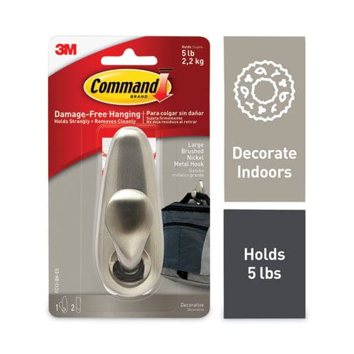 Command Adhesive Mount Metal Hook Large Brushed Nickel Finish 5 Lb Capacity 1 Hook And 2 Strips/pack - Furniture - Command™