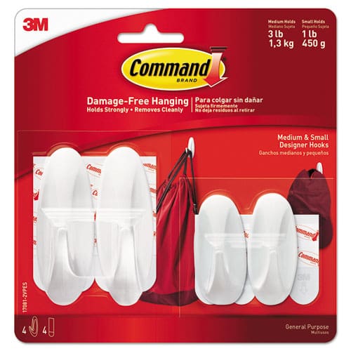 Command General Purpose Designer Hooks Small/medium Plastic White 1lb And 3 Lb Capacities 4 Hooks And 4 Strips/pack - Furniture - Command™