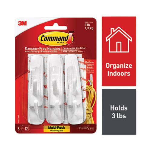 Command General Purpose Hooks Multi-pack Medium Plastic White 3 Lb Capacity 6 Hooks And 12 Strips/pack - Furniture - Command™
