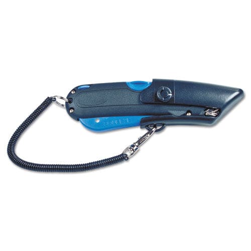 COSCO Easycut Self-retracting Cutter With Safety-tip Blade Holster And Lanyard 6 Plastic Handle Black/blue - Office - COSCO