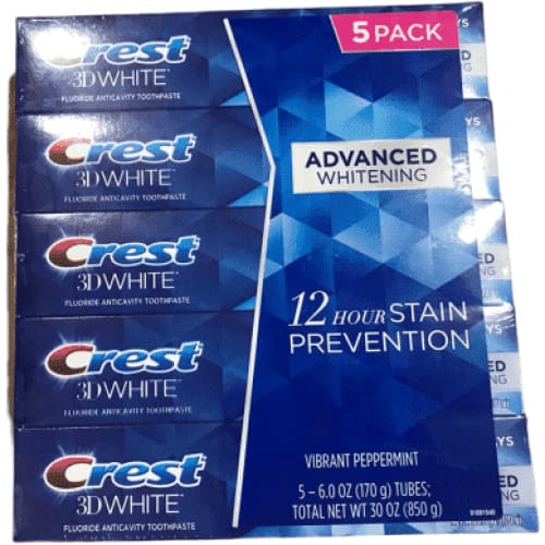 Crest 3D White Advanced Whitening Fluoride Anticavity Toothpaste - 5 pack, 6 oz tubes - ShelHealth.Com