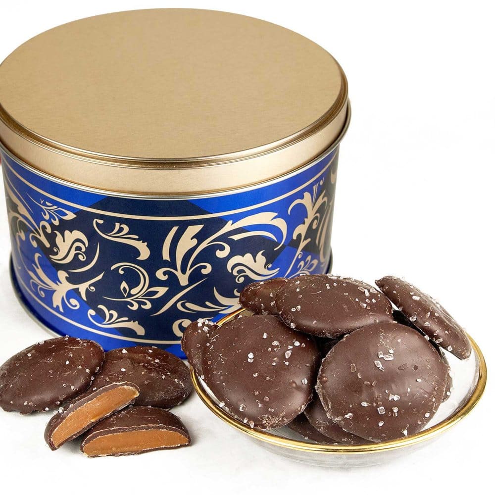 Dark Chocolate Caramel Caps with Sea Salt Gift Tin (26 oz.) - Gourmet Chocolates - Dark Chocolate