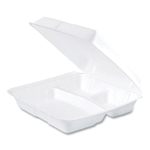 Dart Foam Hinged Lid Containers 3-compartment 9.25 X 9.5 X 3 White 200/carton - Food Service - Dart®
