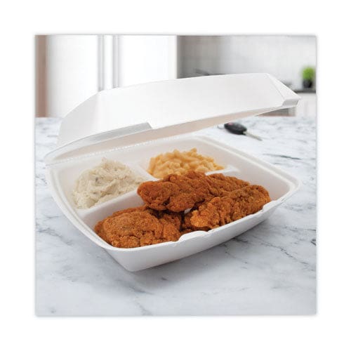 Dart Insulated Foam Hinged Lid Containers 3-compartment. 7.9 X 8.4 X 3.3 White 200/carton - Food Service - Dart®