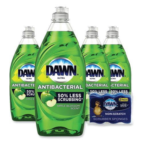 Dawn Ultra Antibacterial Dishwashing Liquid Apple Blossom Scent (4) 19.4 Oz Squeeze Bottles Plus (2) Sponges/carton - Janitorial &