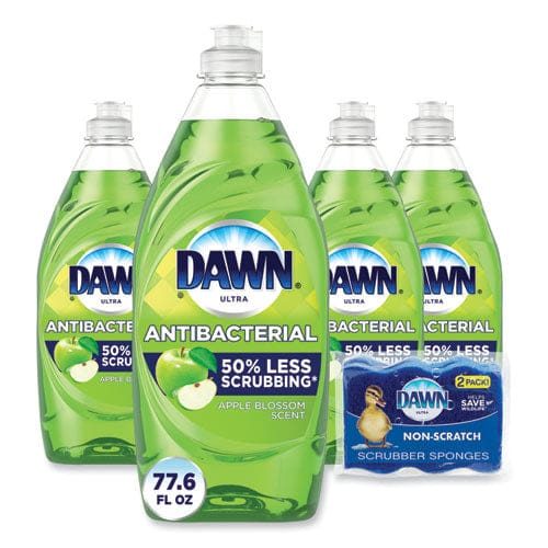 Dawn Ultra Antibacterial Dishwashing Liquid Apple Blossom Scent (4) 19.4 Oz Squeeze Bottles Plus (2) Sponges/carton - Janitorial &