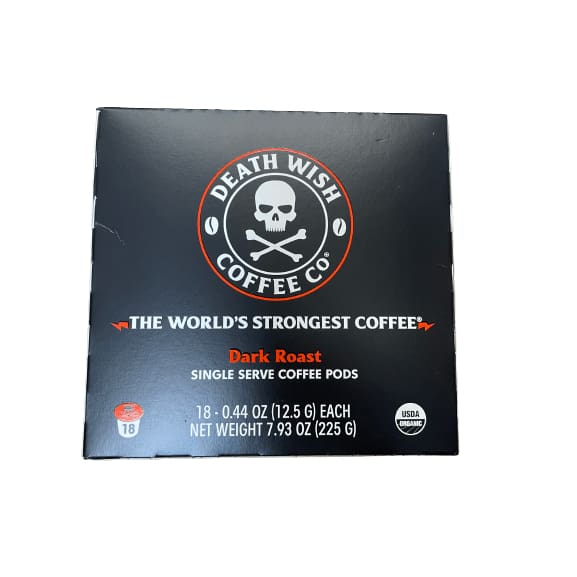 Death Wish Death Wish Coffee, Organic, Fair-Trade, World's Strongest Coffee, Dark Roast Single Serve Coffee Pods, 18ct, box