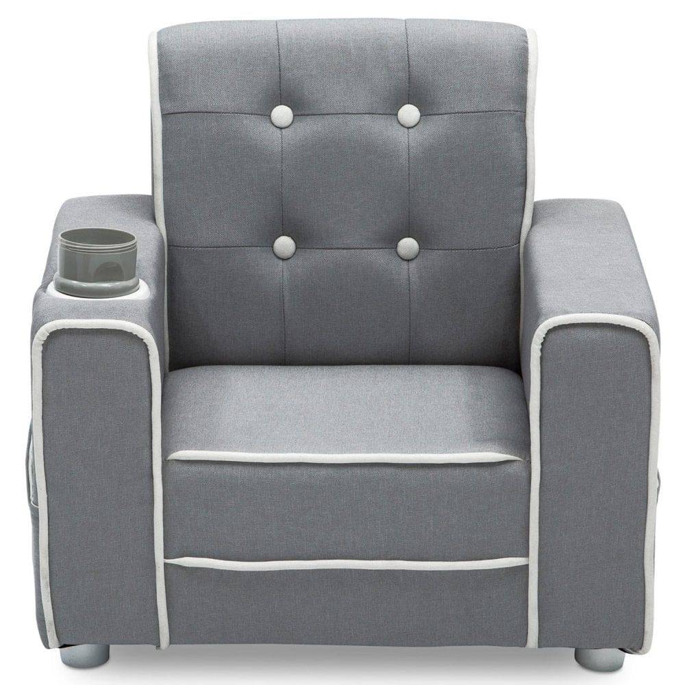Delta Children Chelsea Kids’ Upholstered Chair with Cup Holder Soft Grey - Kids Furniture - Delta