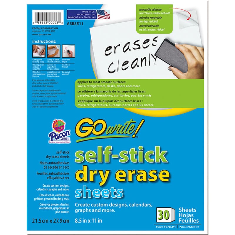 Dry Erase Sheets White 30 Sheets Self-Adhesive 8-1/2 X 11 - Dry Erase Sheets - Dixon Ticonderoga Co - Pacon