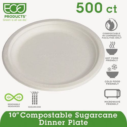 Eco-Products Renewable And Compostable Sugarcane Plates 10 Dia Natural White 500/carton - Food Service - Eco-Products®