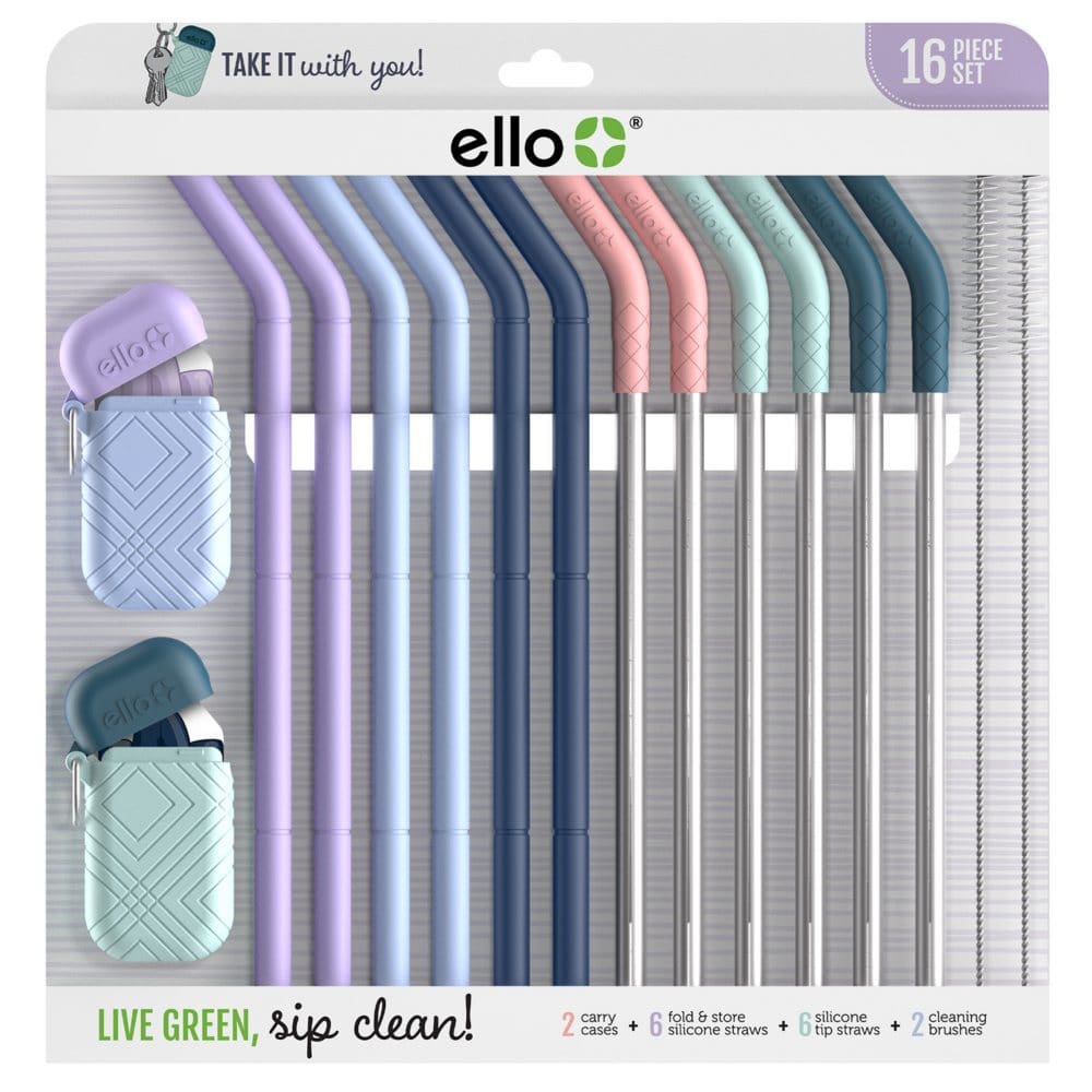 Straw Clean Set Ello 16-Piece Reusable Straw Set with Cleaning Brush | ShelHealth