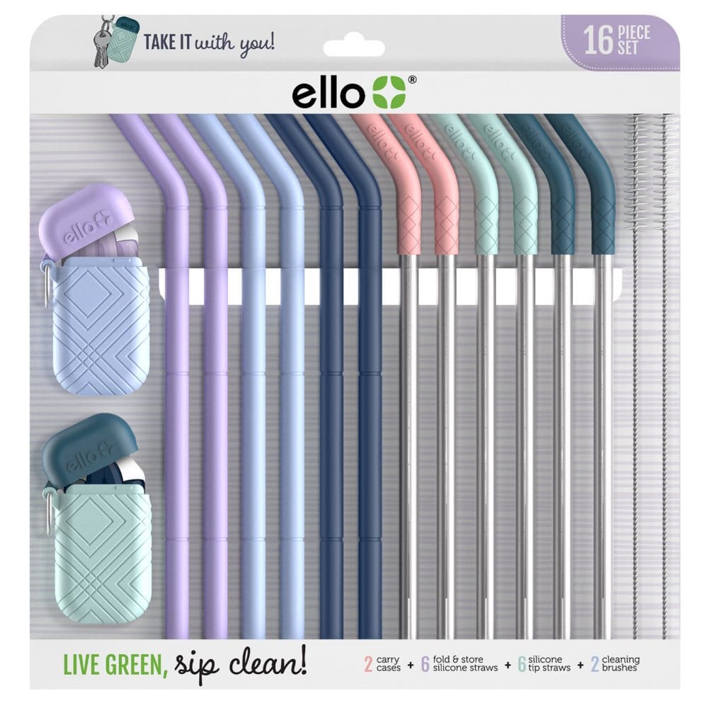Ello 16-Piece Reusable Straw Set with Cleaning Brush - Drinkware - Ello