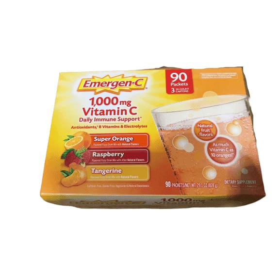 Emergen-C 1,000 mg Vitamin C Dietary Supplement Drink Mix, Super Orange/Raspberry/Tagerine, 90 Packets - ShelHealth.Com