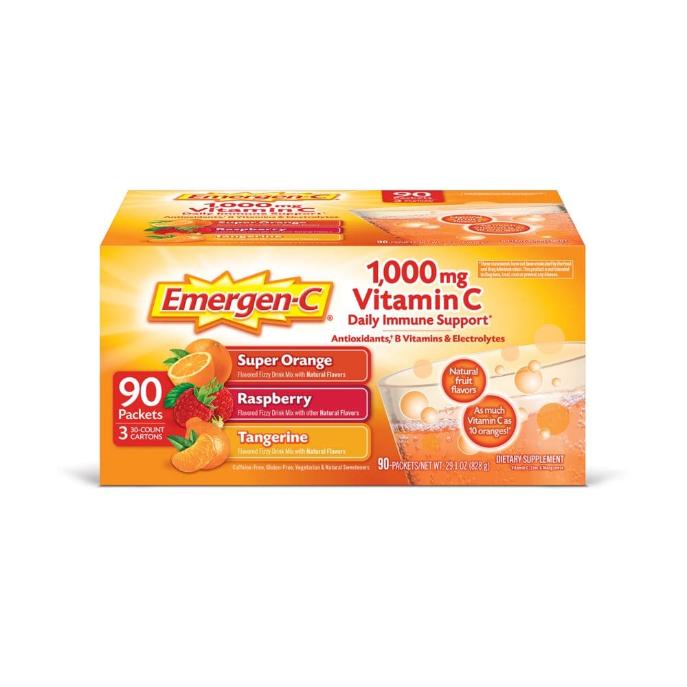 Emergen-C Variety Pack Dietary Supplement Drink Mix with 1000 mg Vitamin C - Super Orange Raspberry and Tangerine (29.1 oz. 90 ct.) - Immune