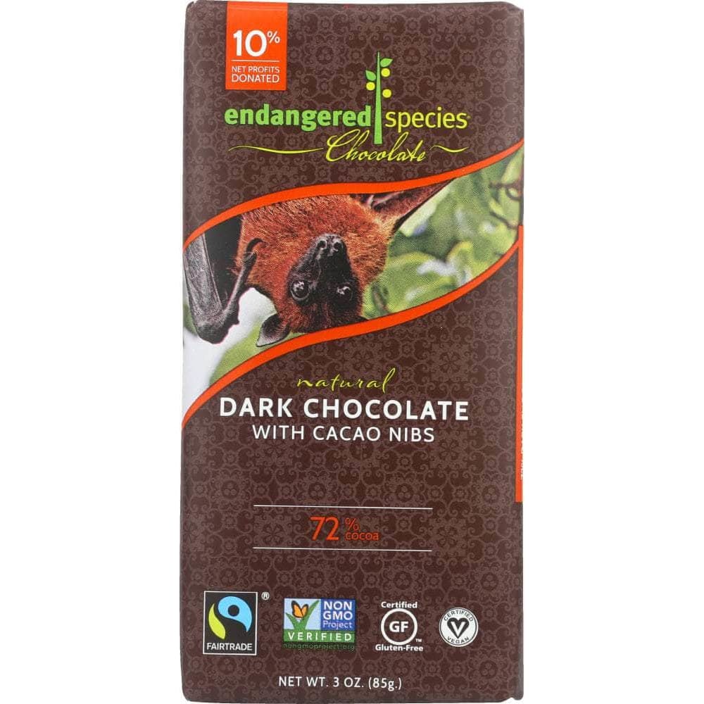 Endangered Species Chocolate Endangered Species Natural Dark Chocolate Bar with Cacao Nibs, 3 oz