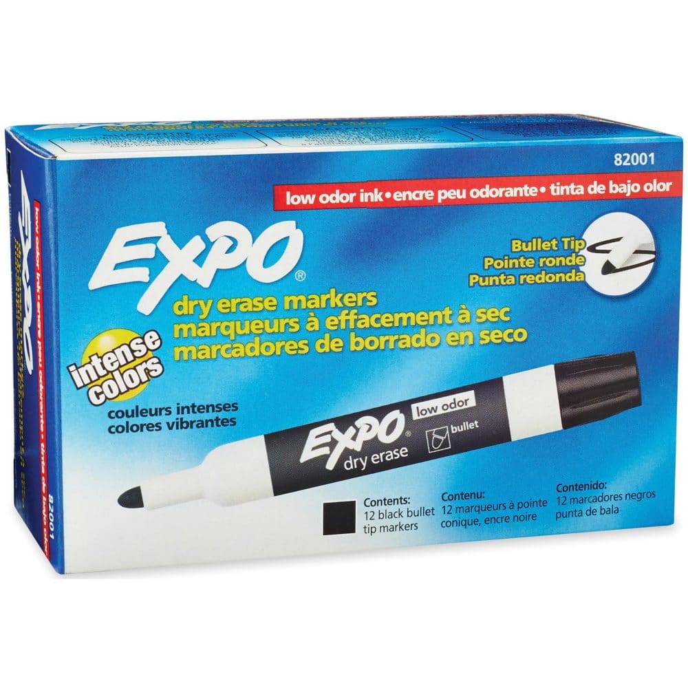 EXPO Low Odor Dry Erase Markers Black (Bullet Tip 12 ct.) - First Day of School Essentials - EXPO
