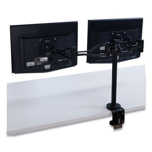 Fellowes Professional Series Depth Adjustable Dual Monitor Arm 360 Deg Rotation 37 Deg Tilt 360 Deg Pan Black Supports 24 Lb - Furniture -