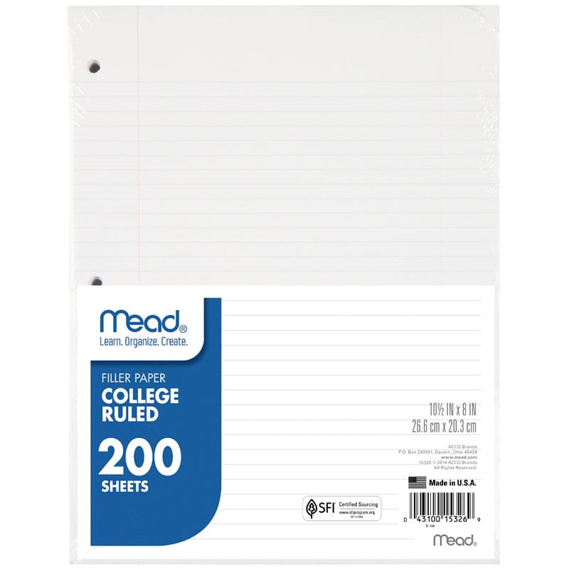Filler Paper College Ruled 200Sheet 10-1/2 X 8 (Pack of 10) - Loose Leaf Paper - Mead - Acco Brands Usa LLC