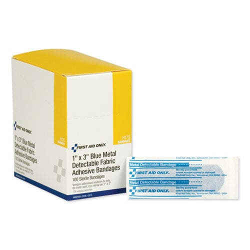 First Aid Only Adhesive Blue Metal Detectable Bandages 1 X 3 Plastic With Foil 100/box 12 Boxes/carton - Janitorial & Sanitation - First Aid