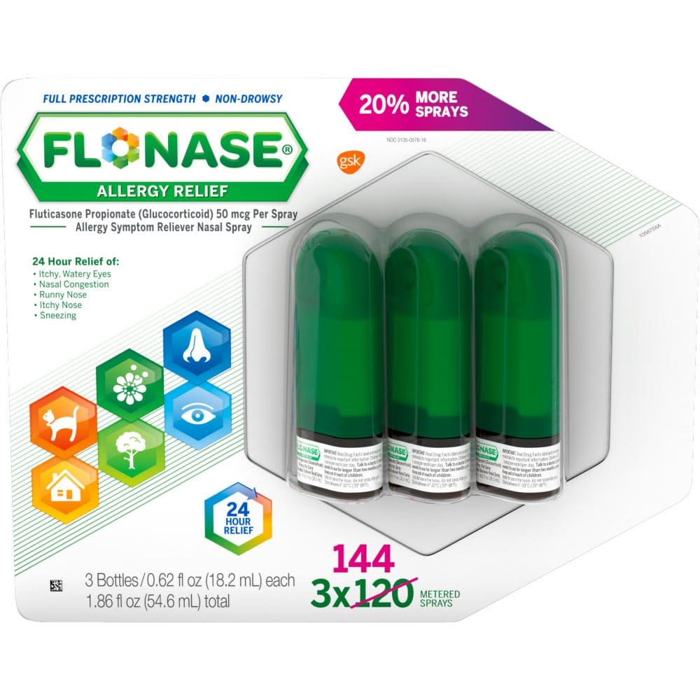 Flonase Allergy Relief Nasal Spray (144 sprays per bottle 3 ct.) - HSA & FSA - Medicine Cabinet - Flonase