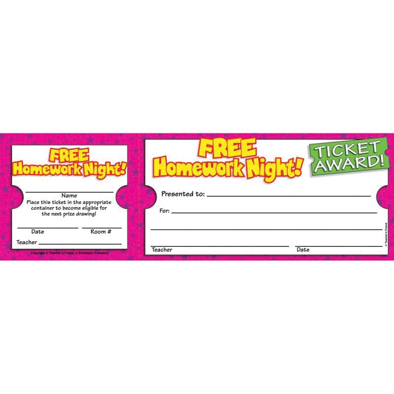 Free Homework Night Ticket Awards (Pack of 12) - Tickets - Scholastic Teaching Resources