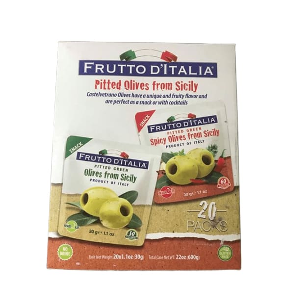 Frutto d'Italia Pitted Green Olives, Variety Pack, 1.1 oz, 20-count - ShelHealth.Com