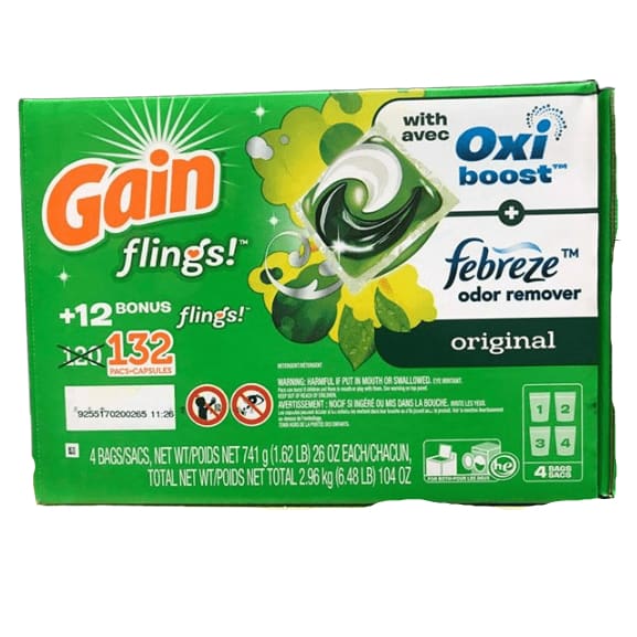 Gain Flings! Original Scent Liquid Laundry Detergent Pacs, 132 ct. - ShelHealth.Com