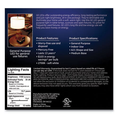 GE Led Soft White A21 Dimmable Light Bulb 12 W 2/pack - Technology - GE