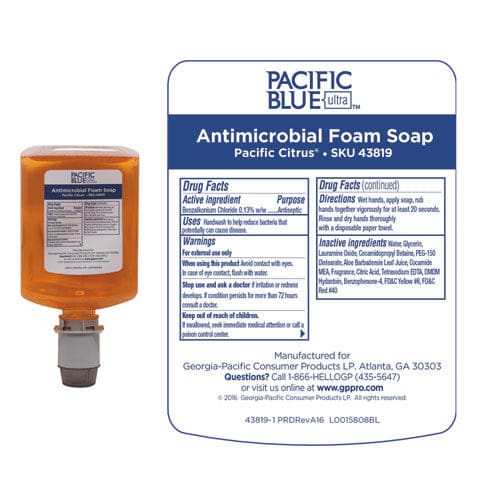 Georgia Pacific Professional Pacific Blue Ultra Foam Soap Manual Dispenser Refill Antimicrobial Pacific Citrus 1,200 Ml 4/carton -