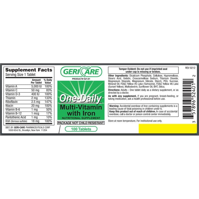 GeriCare Multi Vitamin With Iron Bt100 Box of 100 (Pack of 6) - Over the Counter >> Vitamins and Minerals - GeriCare