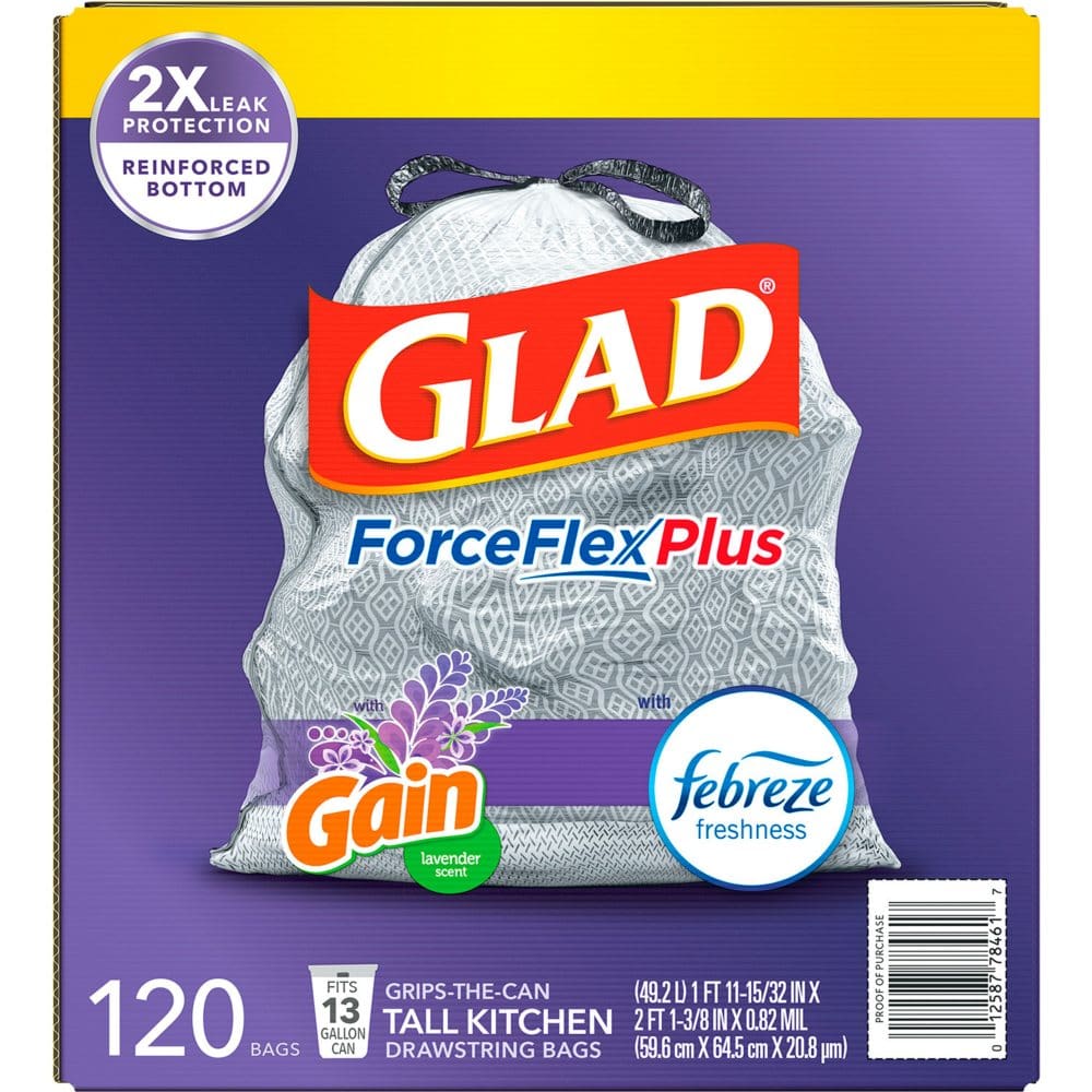 Glad ForceFlex Plus Tall Kitchen Drawstring Trash Bags Gain Lavender (13 gal. 120 ct.) - Paper & Plastic - Glad