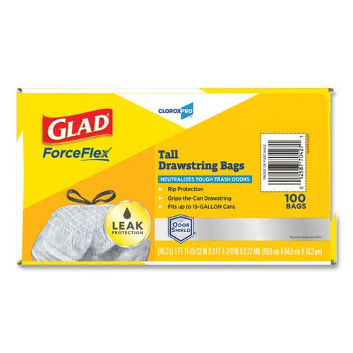 Glad Forceflex Tall Kitchen Drawstring Trash Bags 13 Gal 0.72 Mil 23.75 X 24.88 Gray 100/box - Janitorial & Sanitation - Glad®