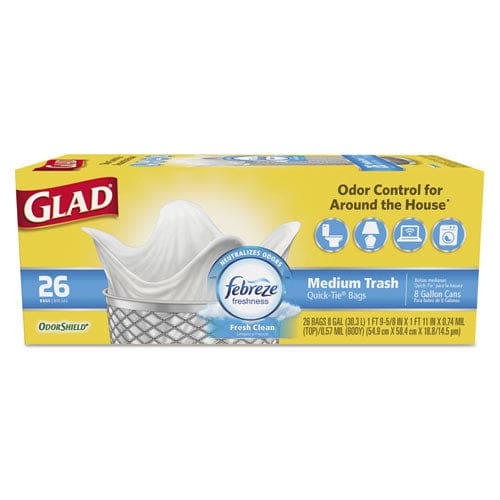 Glad Odorshield Medium Quick-tie Trash Bags 8 Gal 0.57 Mil 21.63 X 23 White 26/box - Janitorial & Sanitation - Glad®