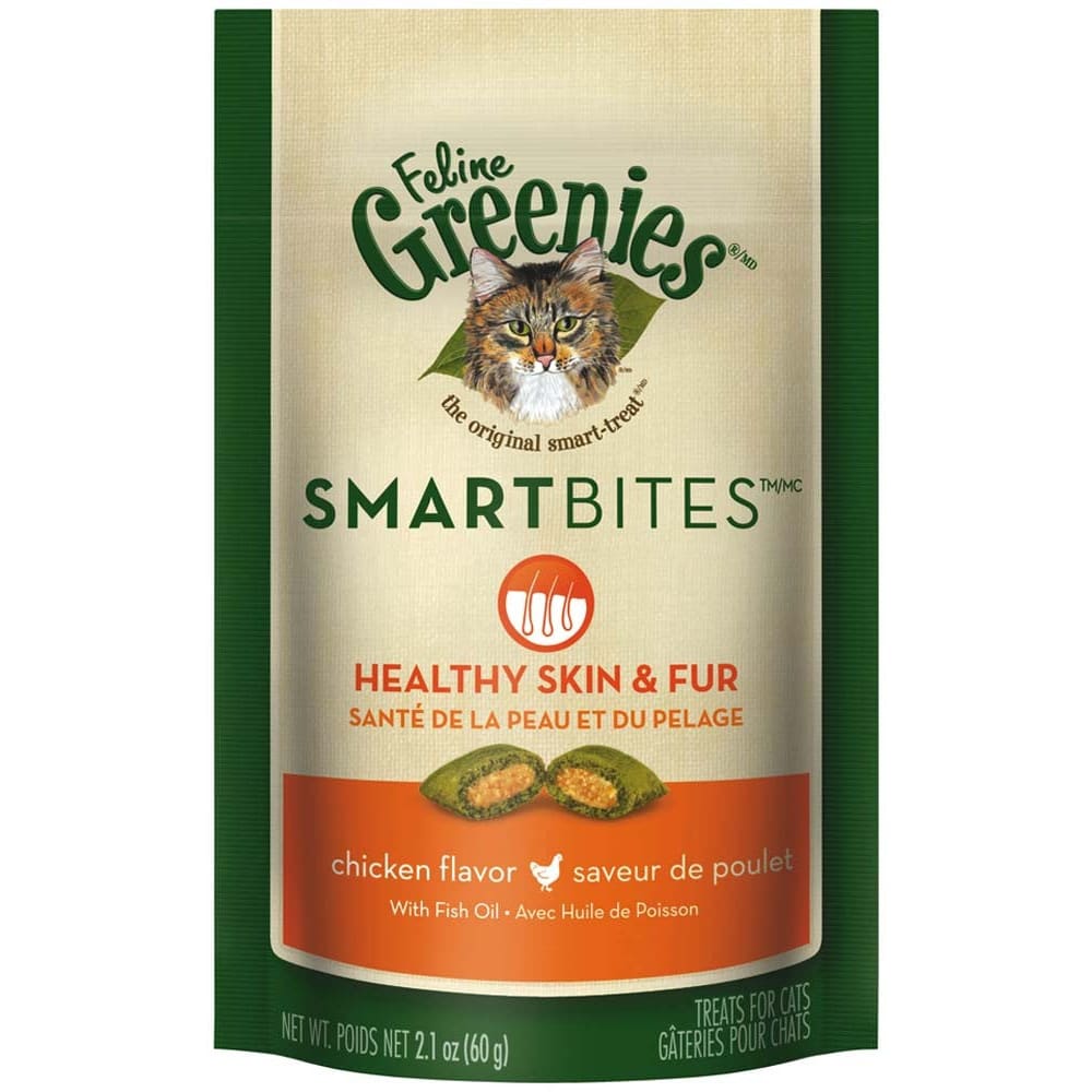 Greenies FELINE SMARTBITES Healthy Skin & Fur Chicken Flavor Cat Treat 2.1 oz - Pet Supplies - Greenies