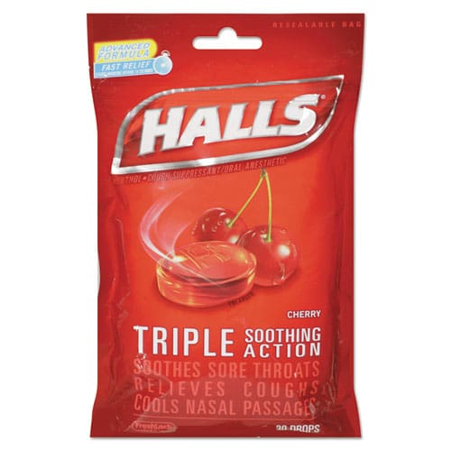 HALLS Triple Action Cough Drops Cherry 30/bag 12 Bags/box - Janitorial & Sanitation - HALLS