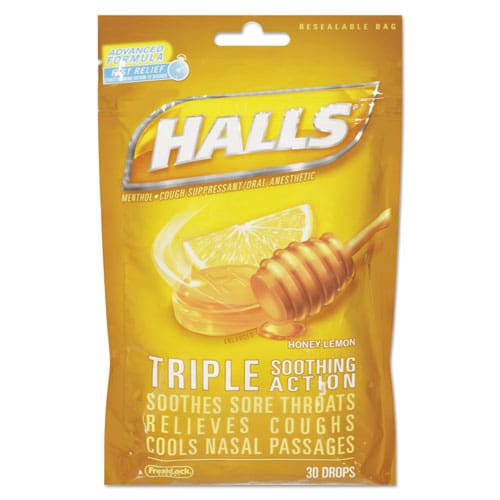 HALLS Triple Action Cough Drops Honey-lemon 30/bag 12 Bags/box - Janitorial & Sanitation - HALLS