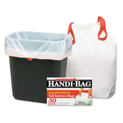 Handi-Bag Drawstring Kitchen Bags 13 Gal 0.6 Mil 24 X 27.4 White 50 Bags/box 6 Boxes/carton - Janitorial & Sanitation - Handi-Bag®