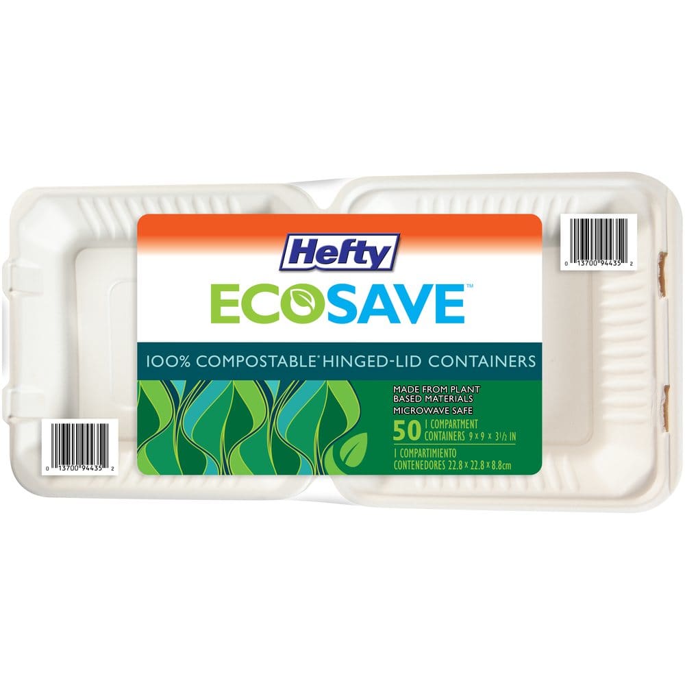 Hefty ECOSAVE 1-Compartment Hinged Lid Container (9 x 9 50 ct.) - Disposable Tableware - Hefty ECOSAVE