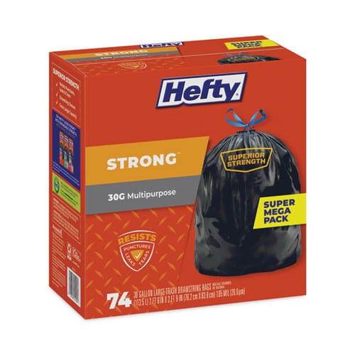 Hefty Strong Multipurpose Drawstring Trash Bags 30 Gal 1.1 Mil 30 X 33 Black 74/box 3 Boxes/carton - Janitorial & Sanitation - Hefty®