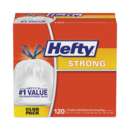 Hefty Strong Tall Kitchen Drawstring Bags 13 Gal 0.9 Mil 23.75 X 27 White 90/box - Janitorial & Sanitation - Hefty®