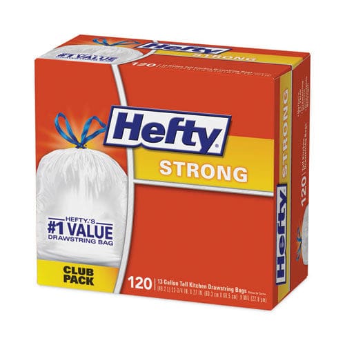 Hefty Strong Tall Kitchen Drawstring Bags 13 Gal 0.9 Mil 24 X 27.75 White 120/box - Janitorial & Sanitation - Hefty®