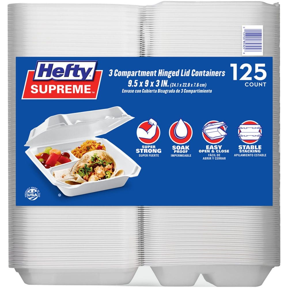 Hefty Supreme Foam Hinged Lid Container 3-Compartment (125 ct.) - Disposable Tableware - Hefty Supreme
