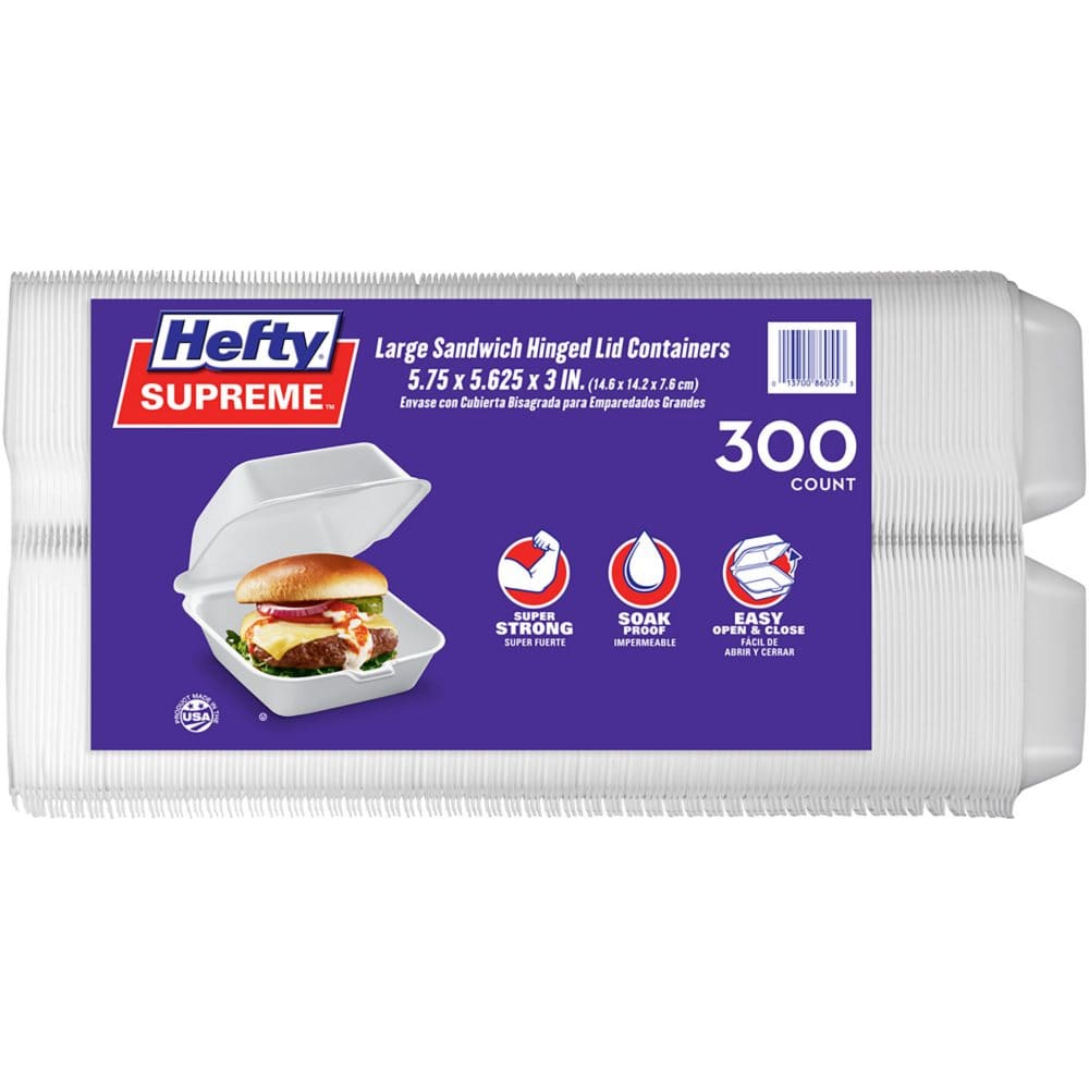 Hefty Supreme Large Sandwich Foam Hinged Lid Containers 6 (300 ct.) - Disposable Tableware - Hefty