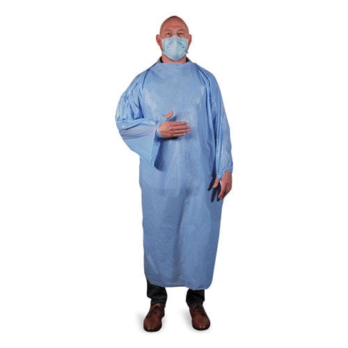 Heritage T-style Isolation Gown Lldpe Large Light Blue 50/carton - Janitorial & Sanitation - Heritage