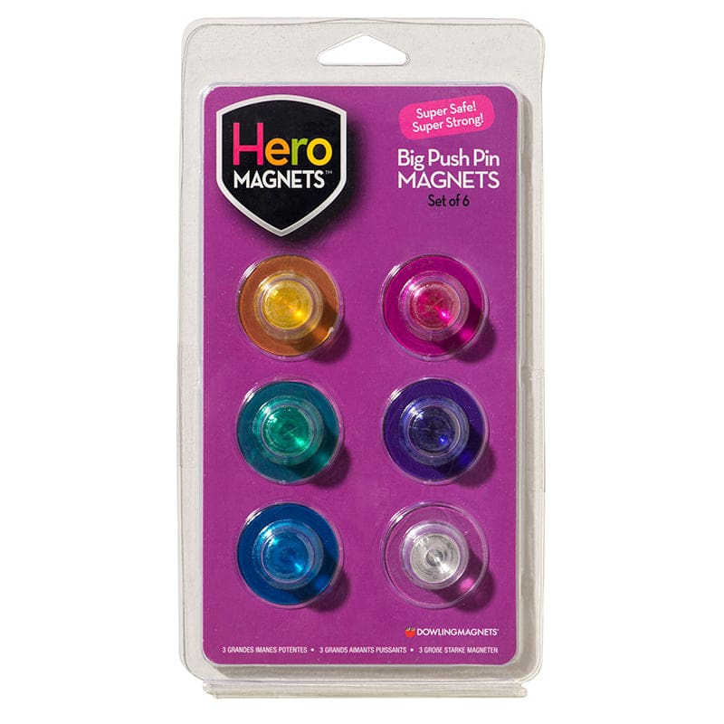 Hero Magnets Big Push Pin Magnets (Pack of 6) - Whiteboard Accessories - Dowling Magnets