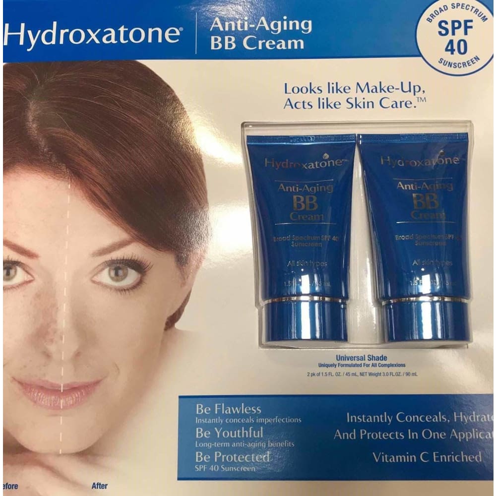 Hydroxatone Anti-Aging BB (Beauty Balm) Cream, Universal Shade for ALL Skin Types, SPF 40 (Pack of 2, 1.5 ounce bottles) - ShelHealth.Com