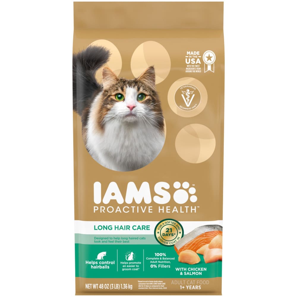 IAMS ProActive Health Adult Long Hair Dry Cat Food Chicken Salmon 3 lb - Pet Supplies - IAMS