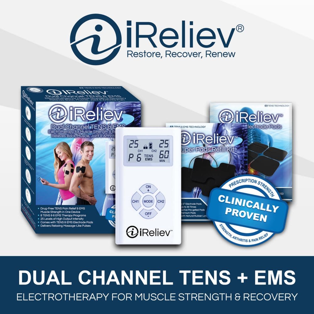 iReliev Dual Channel TENS + EMS System with Electrode Pads (2 sizes) - Pain Relief - iReliev Dual