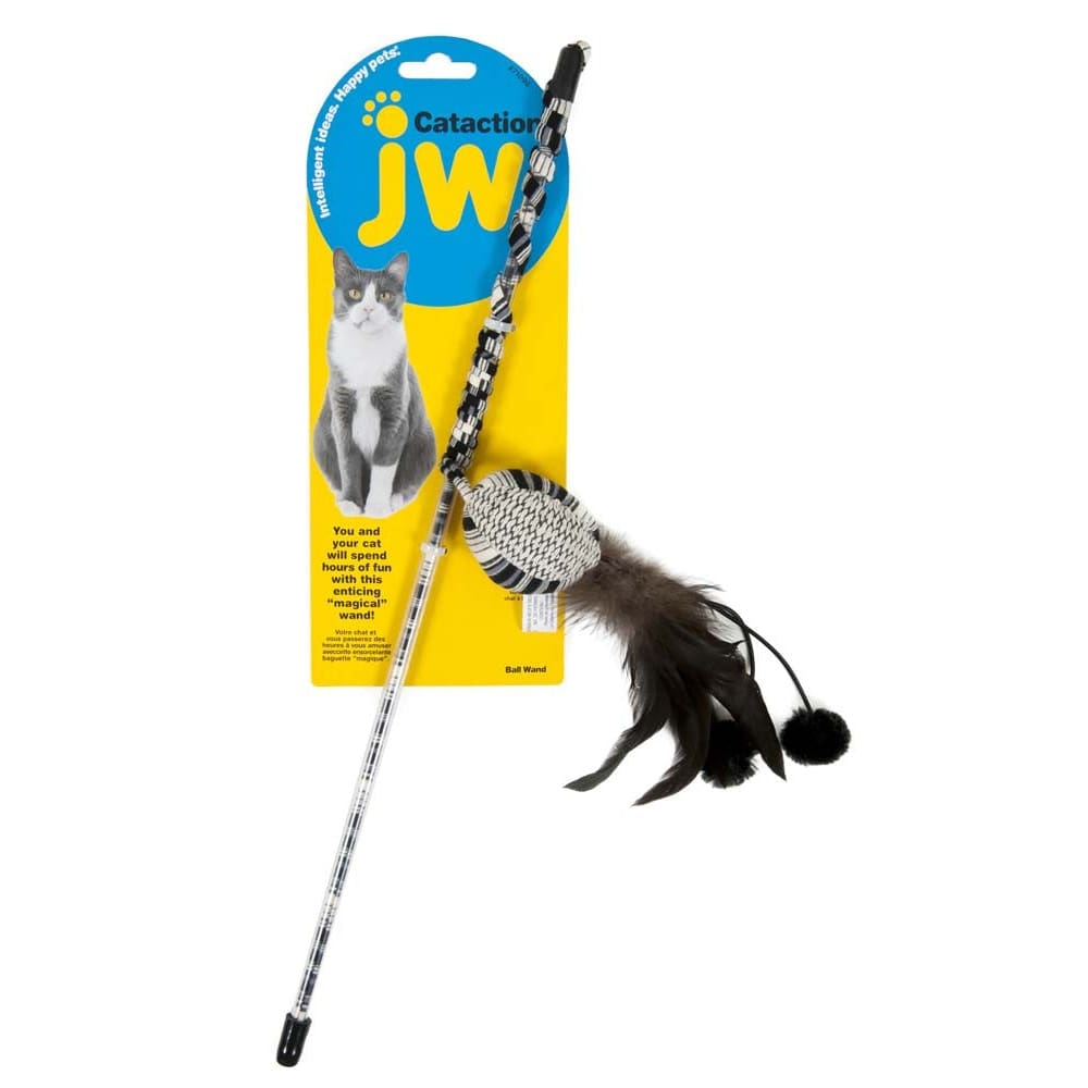 JW Pet Cataction Feather Ball Wand Cat Toy Black White One Size - Pet Supplies - JW